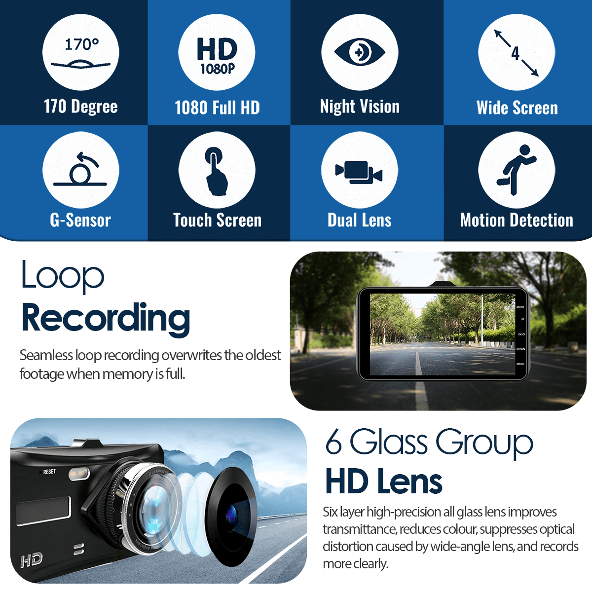 Dashcam Pro - Motion Detection, Easy to Install, 4.0" LCD, 170° Wide Angle, 1080p Resolution